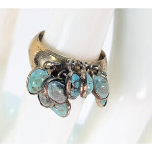 Vermeil Dangling Turquoise Cluster Ring Vintage Gypsy MCM Charm Gold Silver VTG